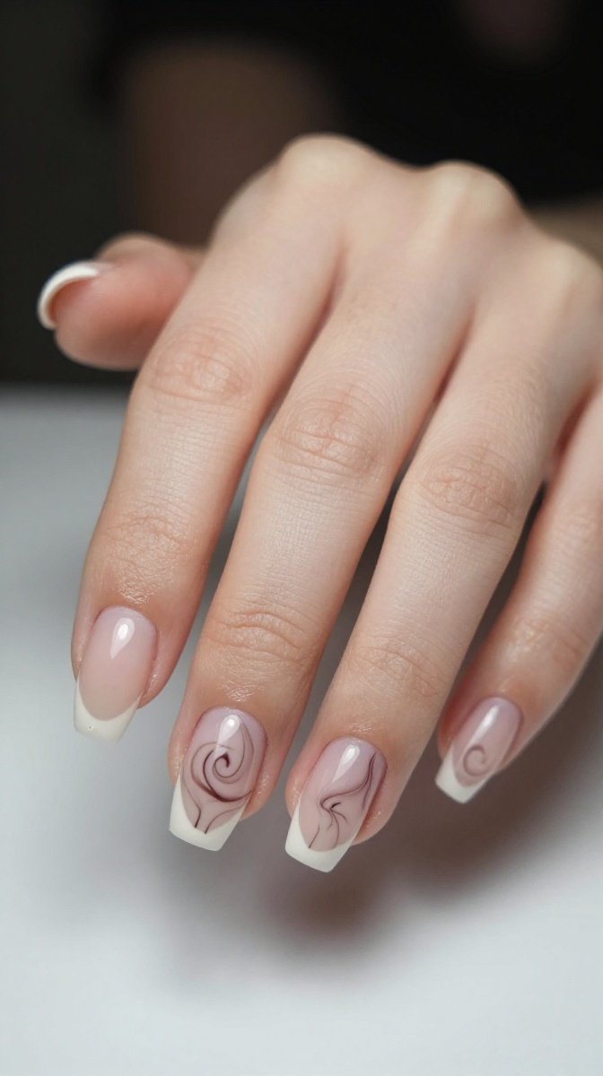 Subtle Swirls on Classic French Tips – The Minimalist Spooky Vibes 