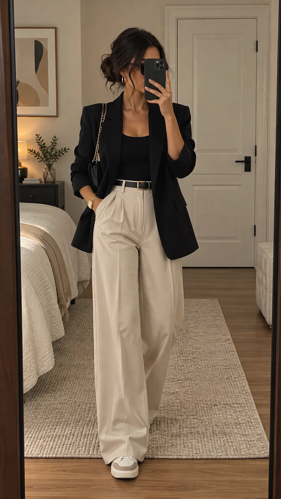 Tailored Blazer + Tank Top + High-Waisted Trousers