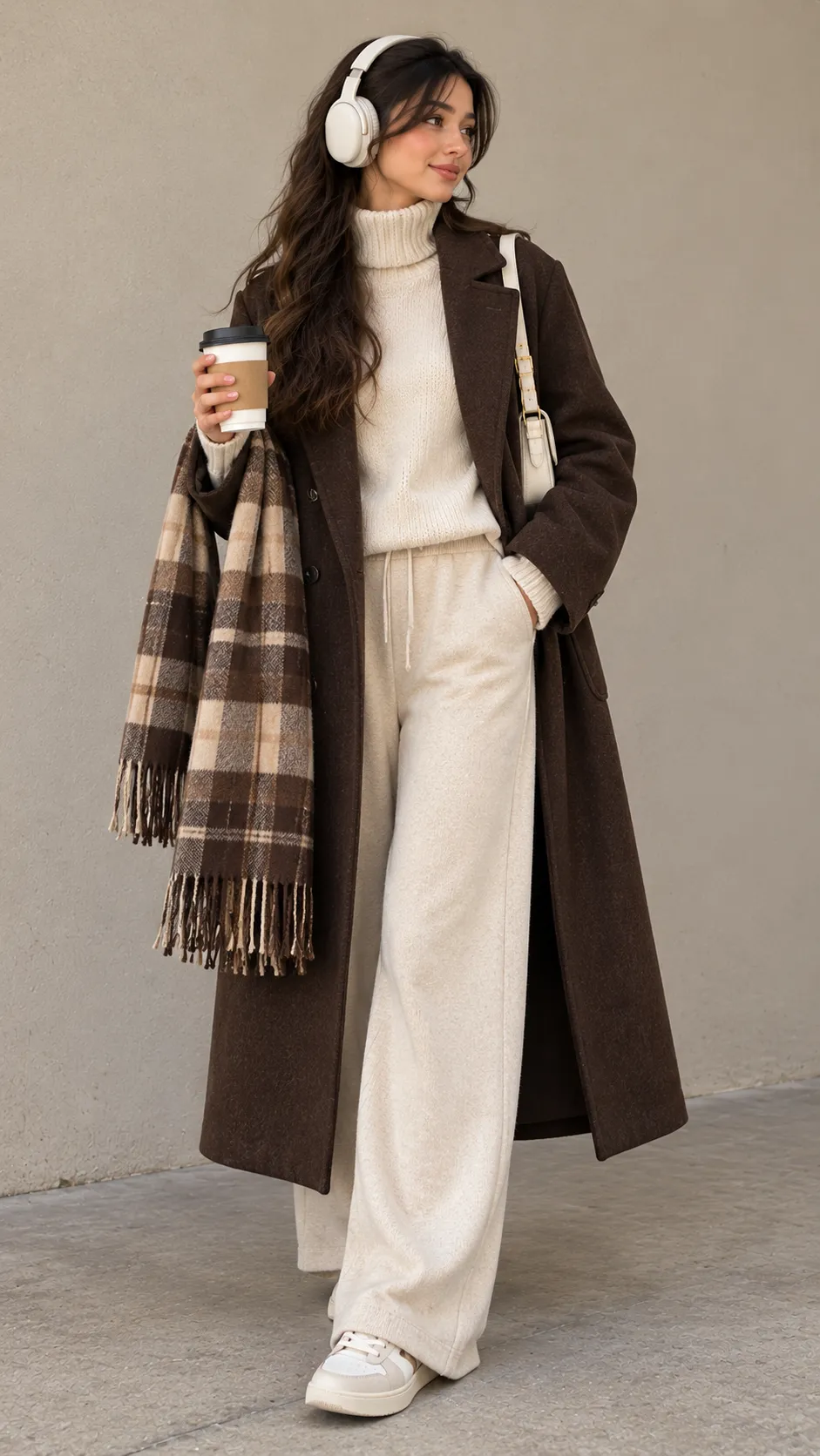 Thermal Top + Cardigan + Wide-Leg Trousers + Wool Coat