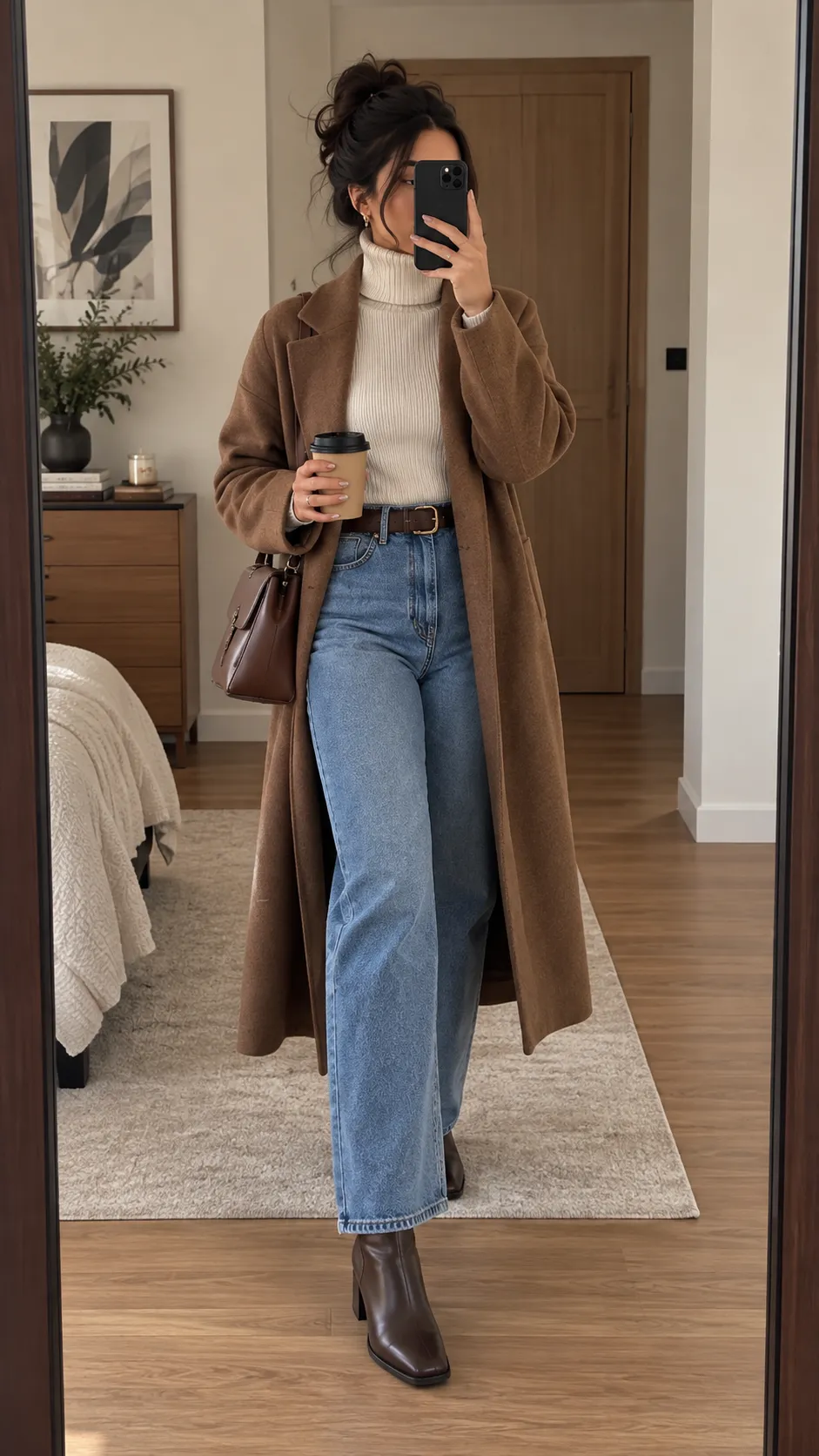 Turtleneck + Relaxed Jeans + Long Coat + Ankle Boots