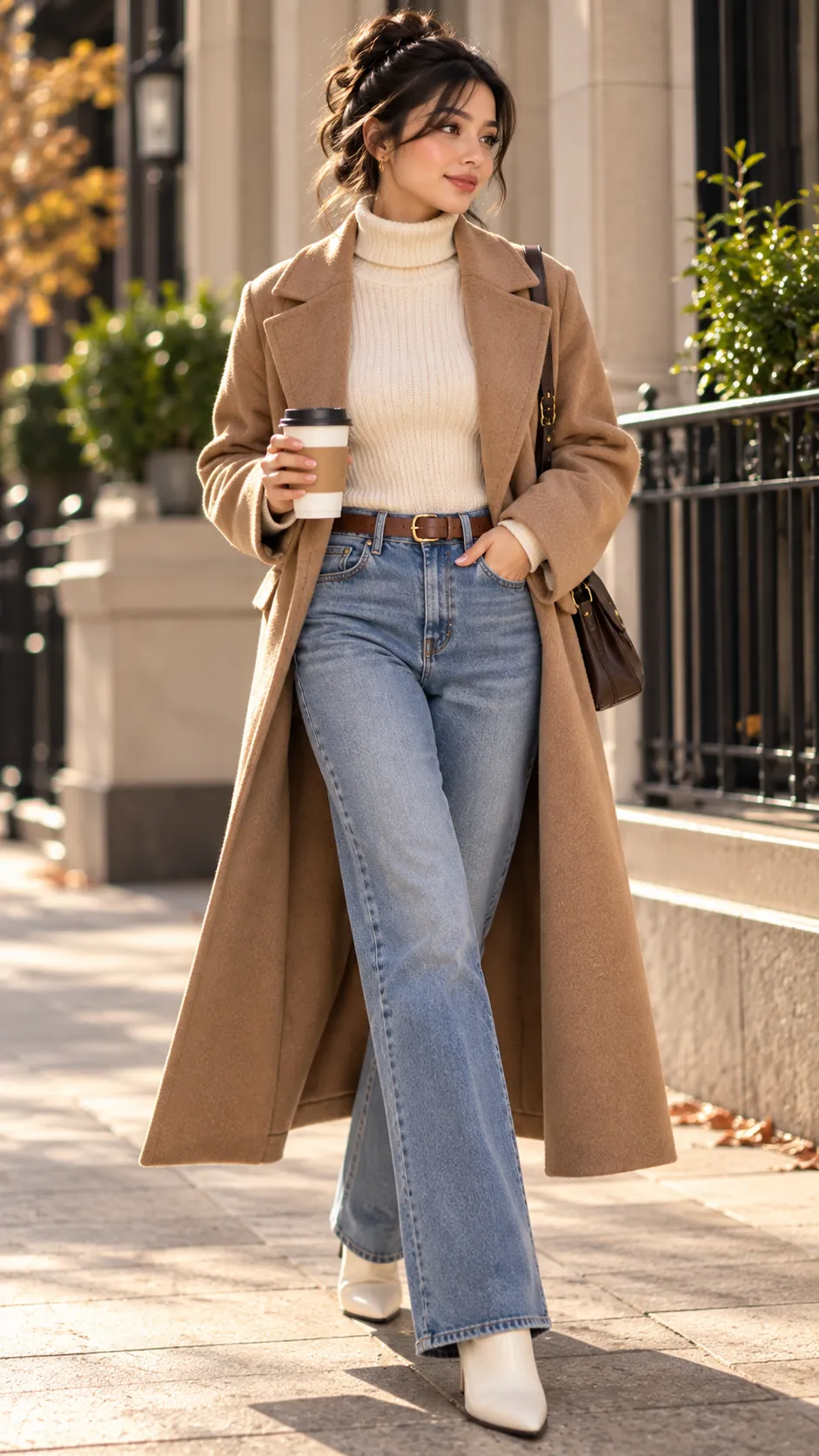 Turtleneck + Straight-Leg Jeans + Long Wool Coat