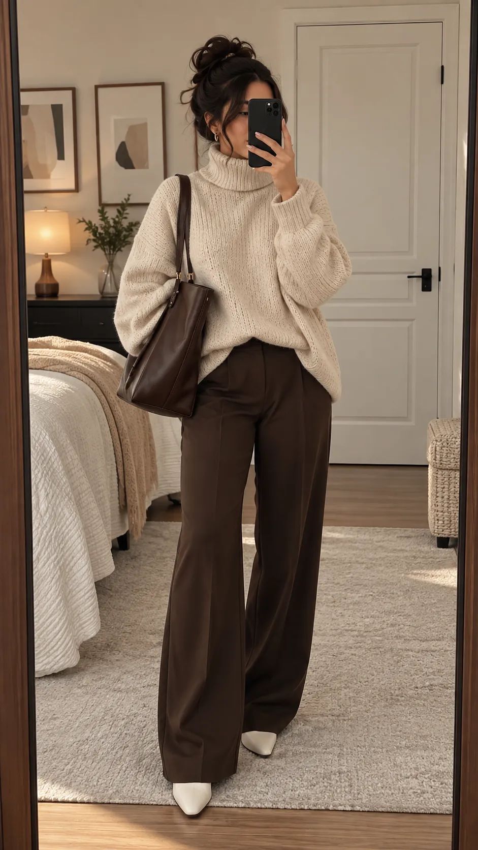 Turtleneck Sweater + Wide-Leg Trousers + Pointed-Toe Shoes