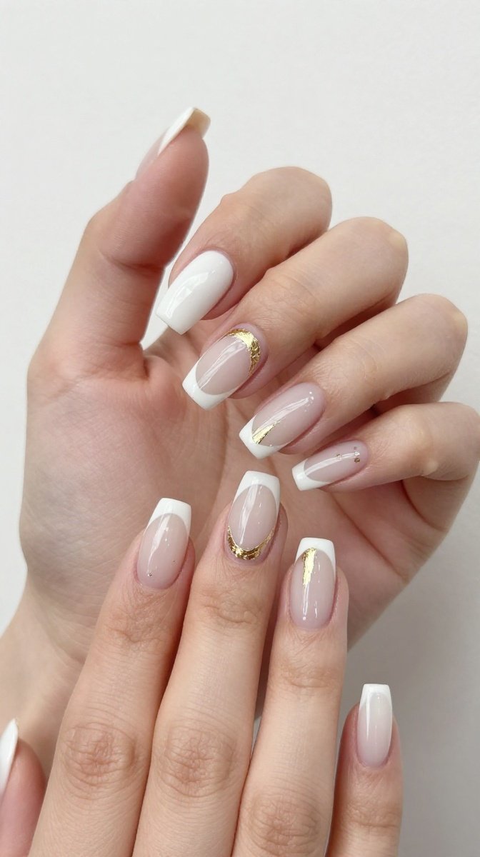 White French Tips with Gold Foil Accents