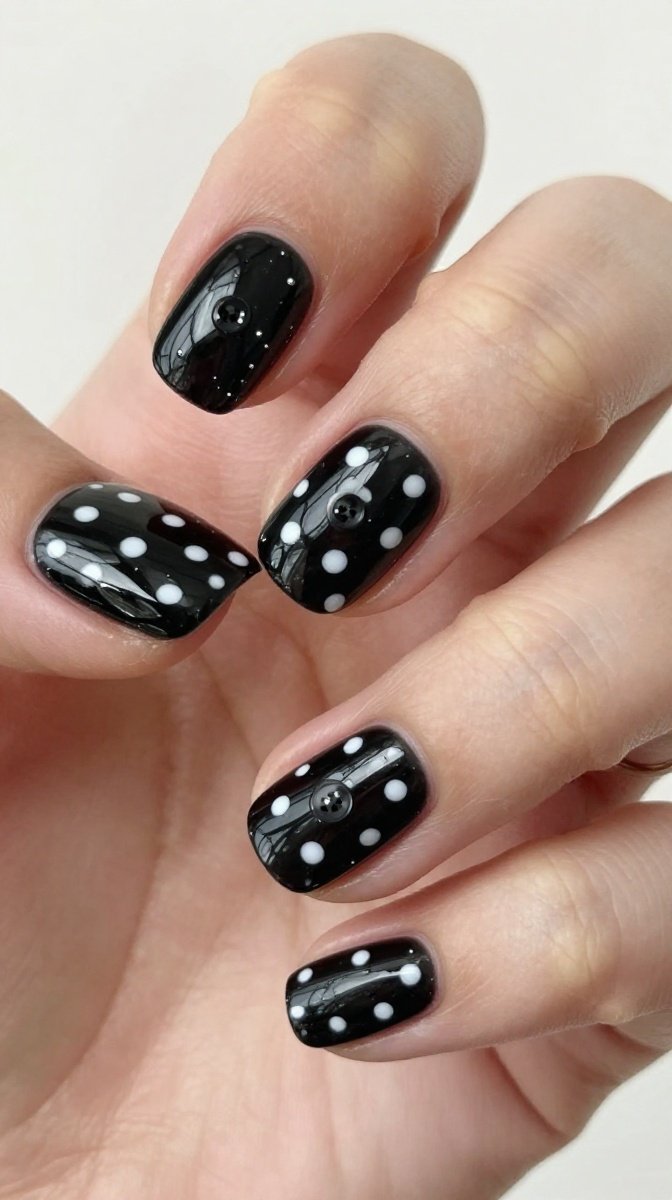 White Polka Dots on Black Base with Tiny Buttons