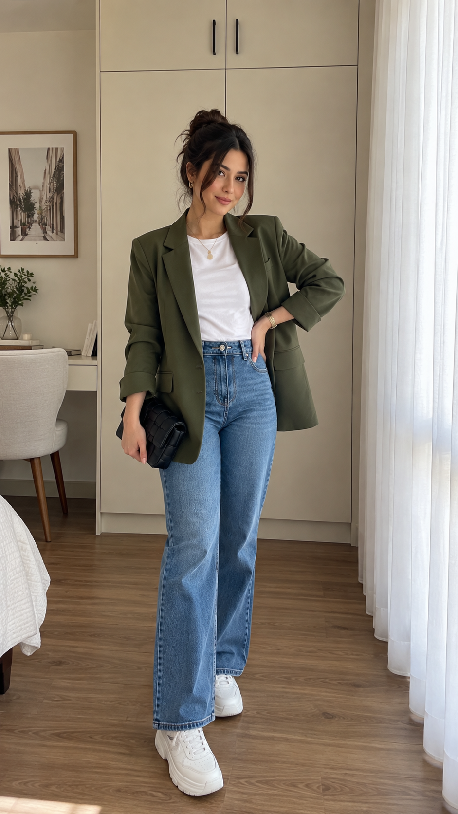 Wide-Leg Jeans + Basic Tee + Oversized Blazer + Sneakers