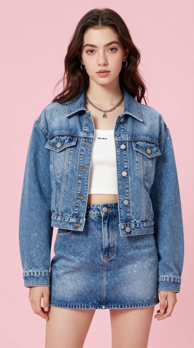 Y2K Glitter Denim Jacket Duo with Mini Skirt