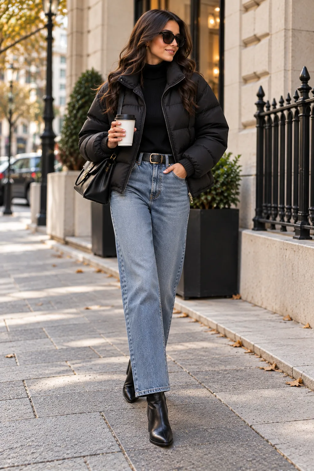 Black Puffer Jacket + Straight-Leg Jeans + Ankle Boots