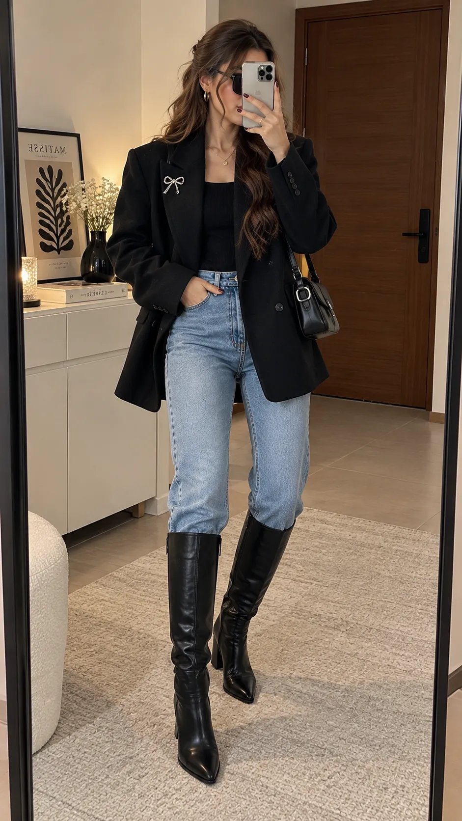 Blazer + Turtleneck + Jeans + Knee-High Boots