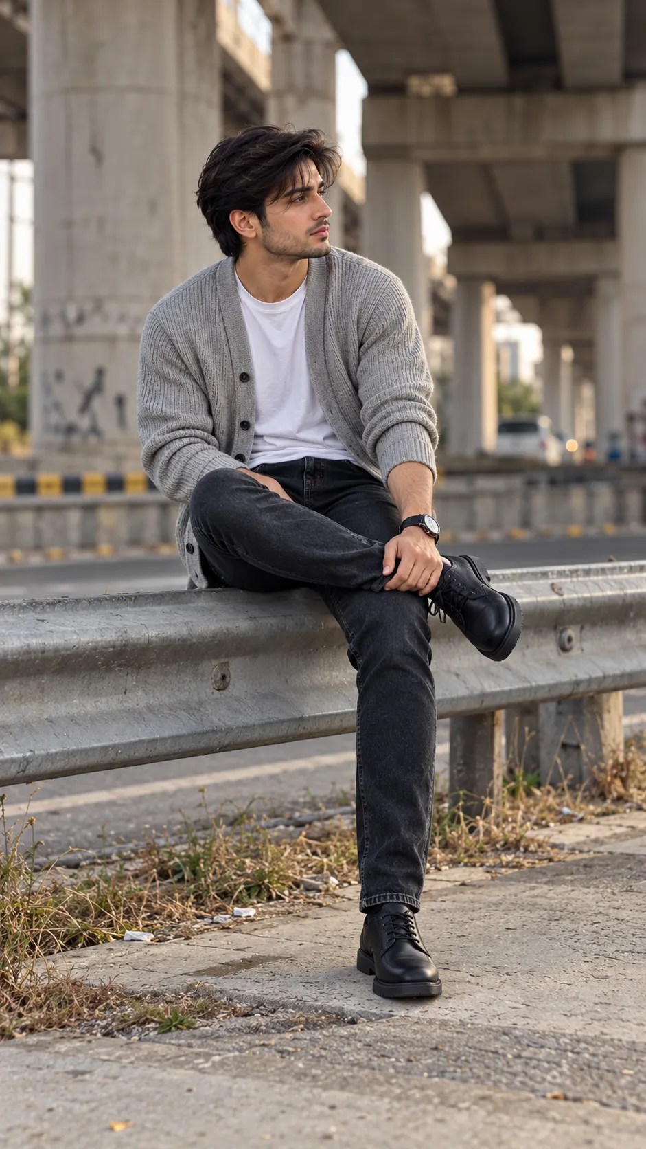 Chunky Cardigan + White Tee + Black Jeans + Loafers