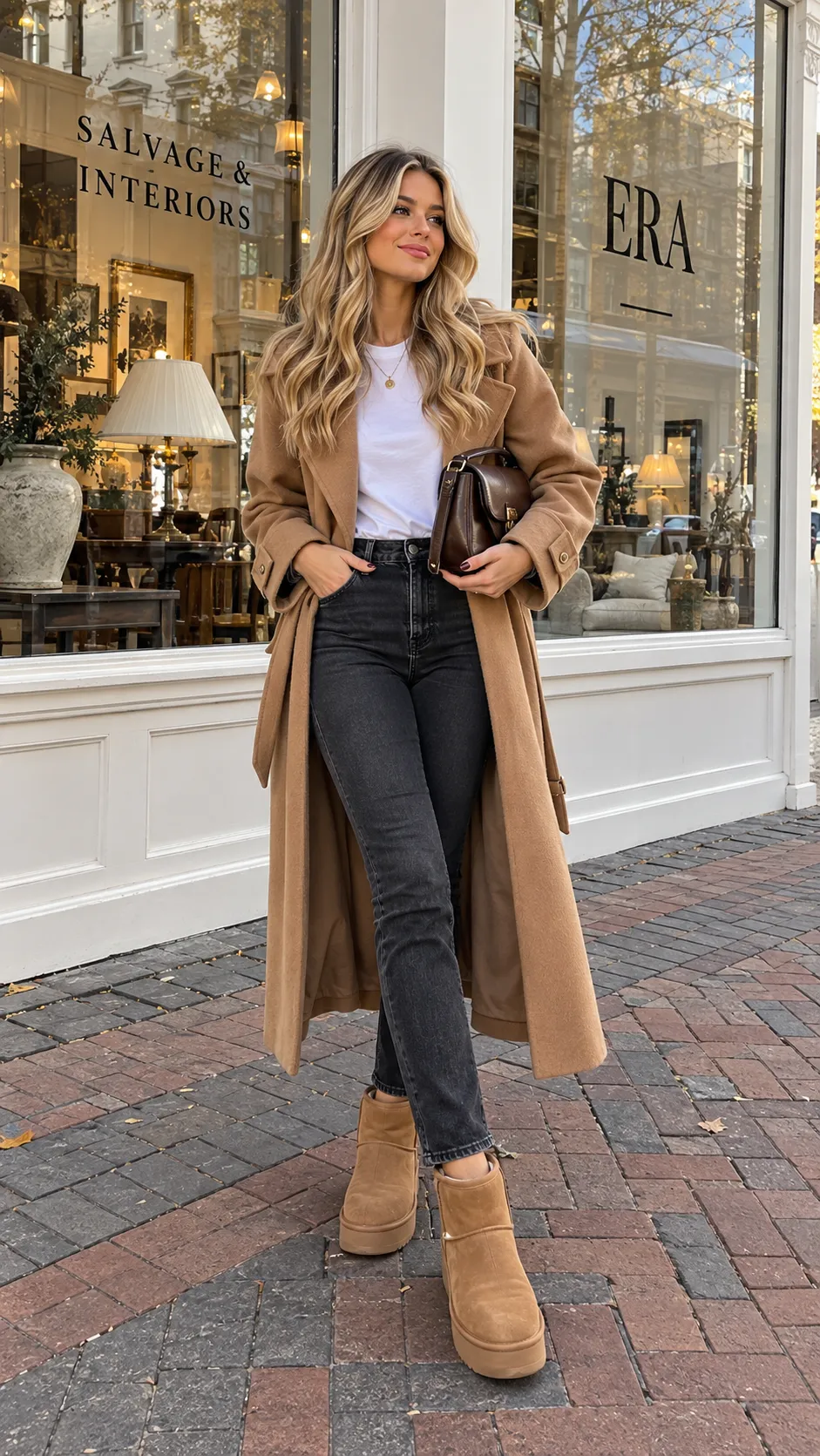 Long Coat + Turtleneck + Jeans + Chestnut UGGs