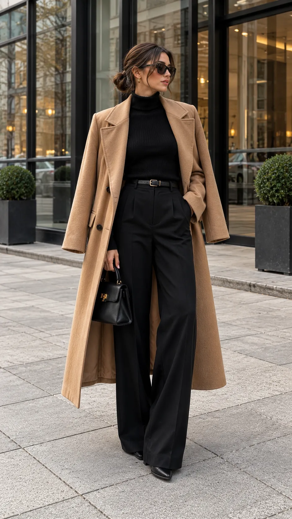 Long Wool Coat + Turtleneck + Wide-Leg Trousers