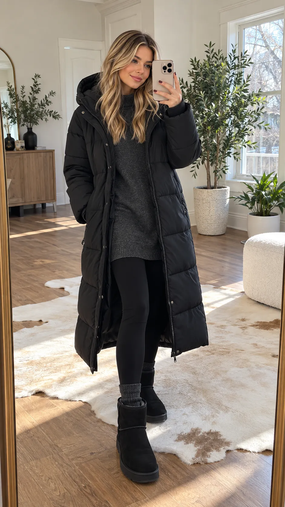 Matching Knit Set + UGG Boots + Long Puffer