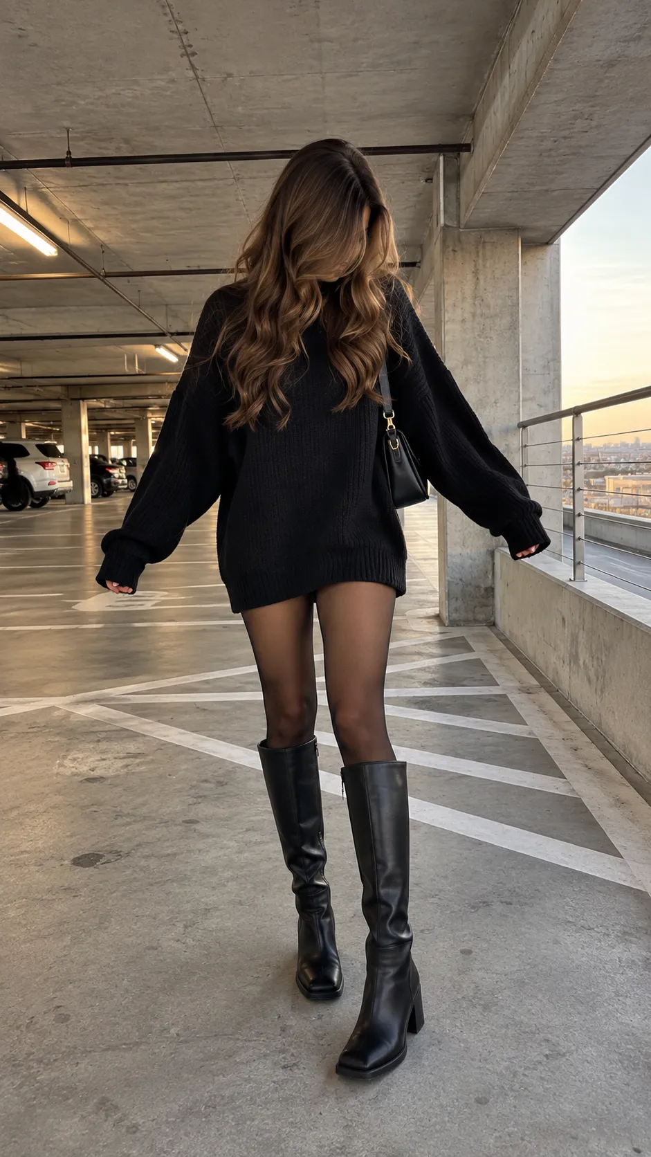 Oversized Sweater + Black Leggings + Knee-High Boots