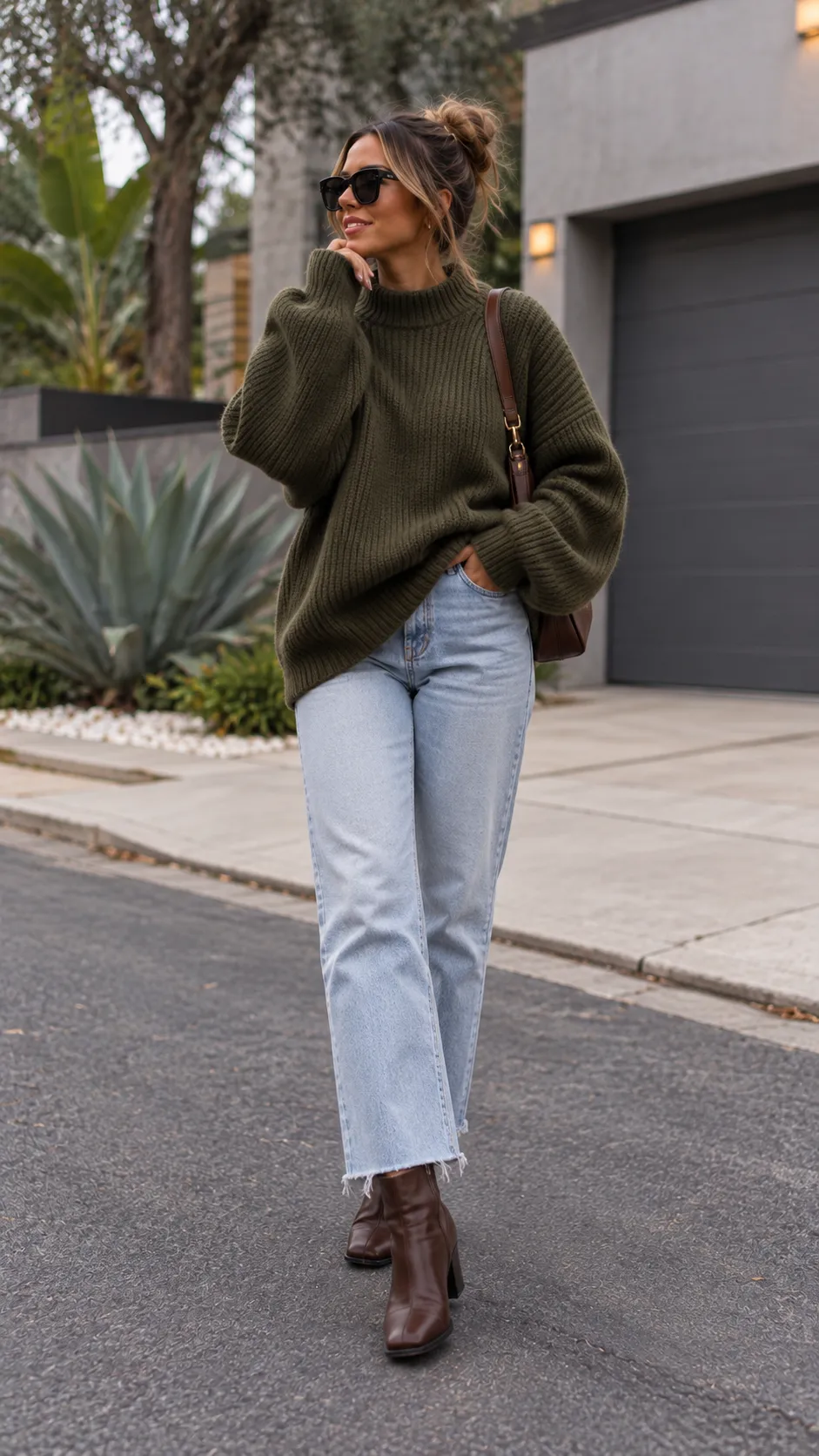 Oversized Sweater + Straight-Leg Jeans + Ankle Boots