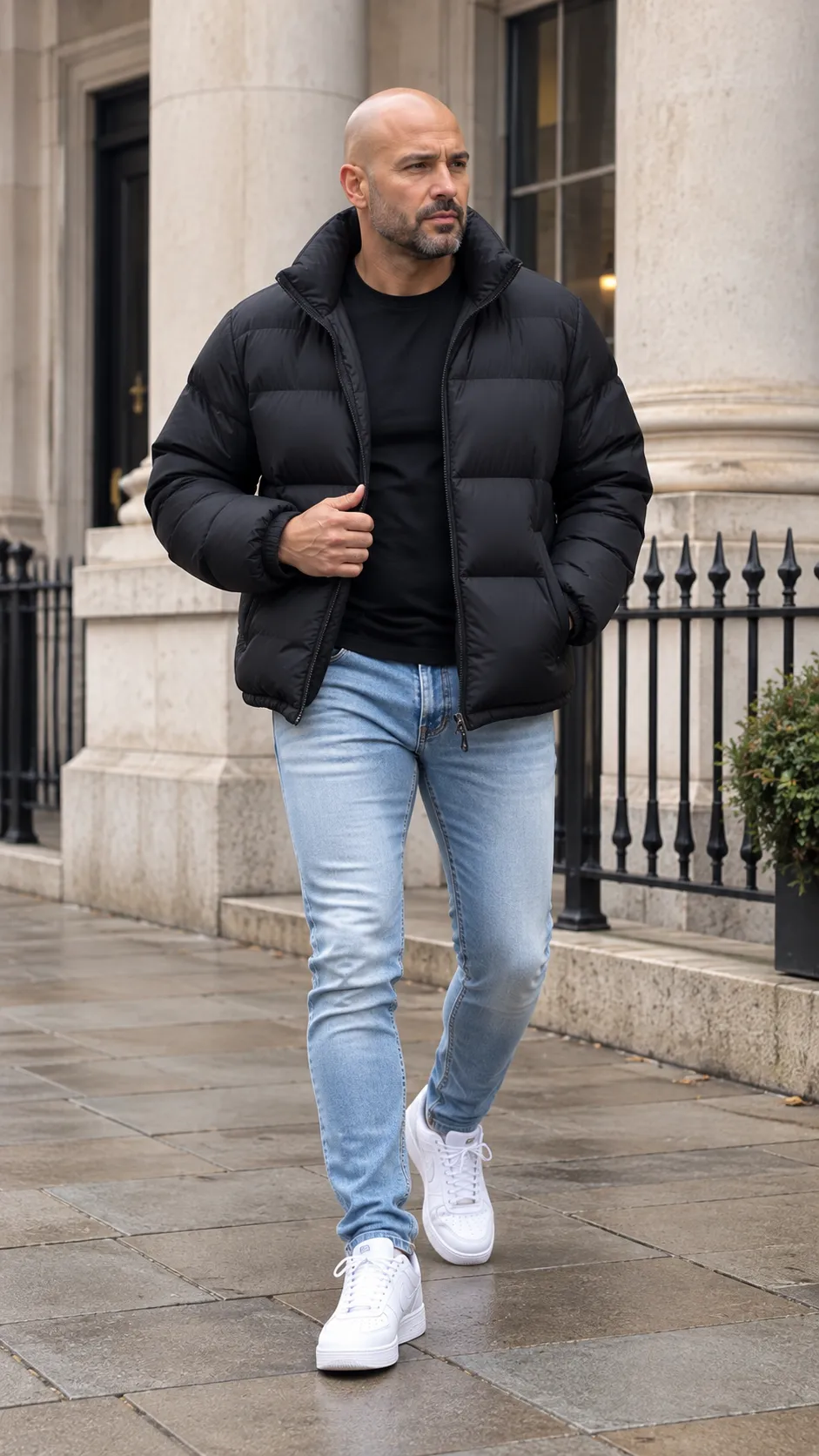 Puffer Jacket + Hoodie + Relaxed Jeans + Sneakers