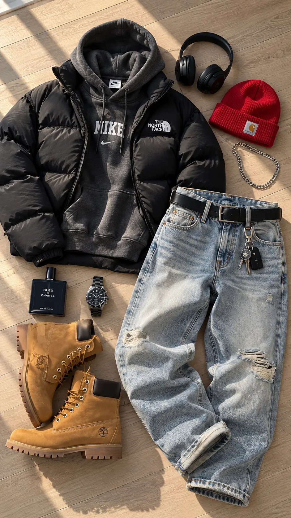 Puffer Jacket + Hoodie + Relaxed Jeans + Winter Boots