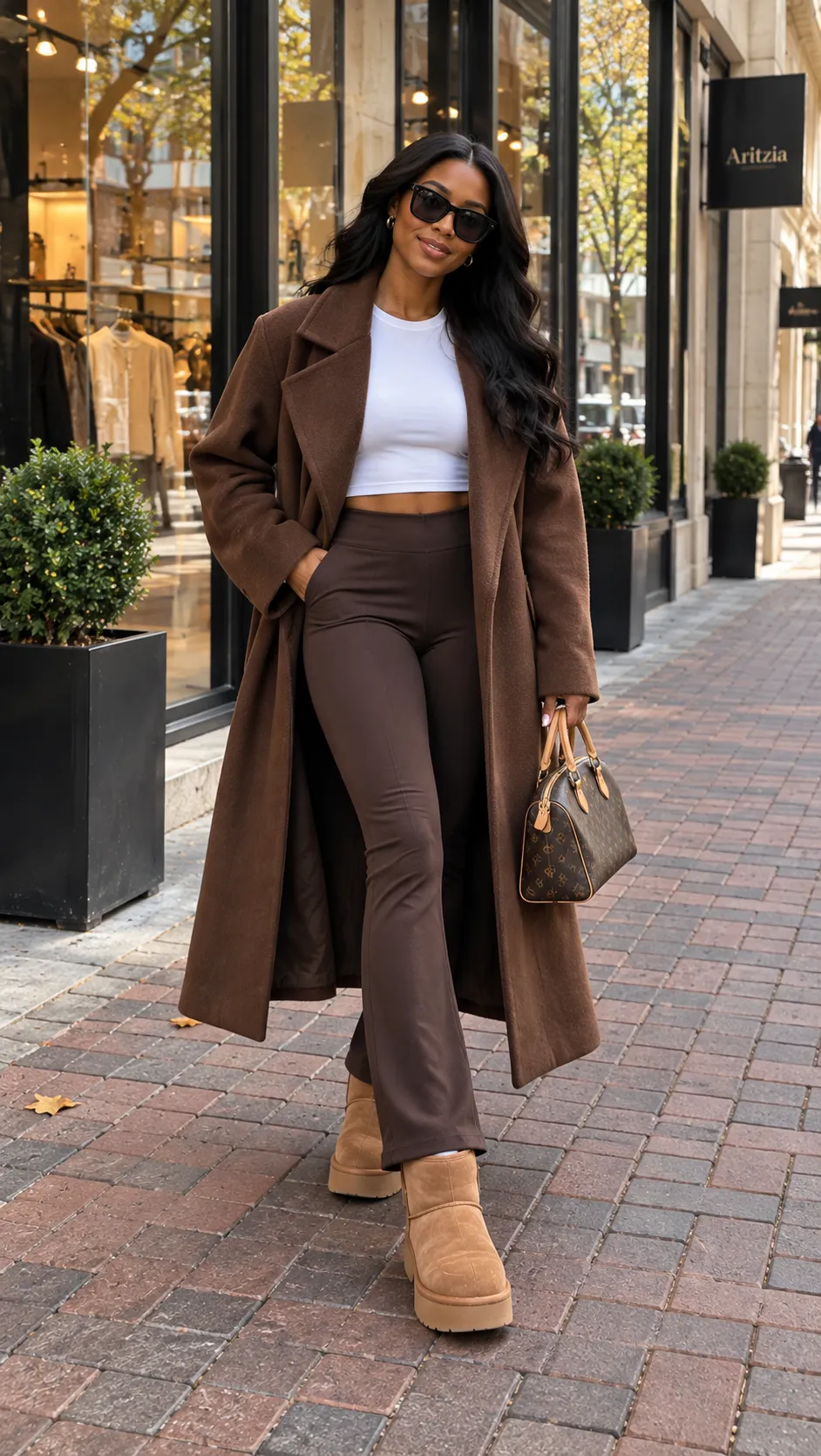 Sweatshirt + Leggings + UGG Boots + Long Coat