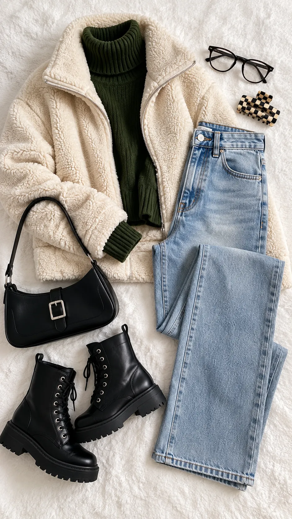 Teddy Jacket + Straight Jeans + Cozy Winter Boots